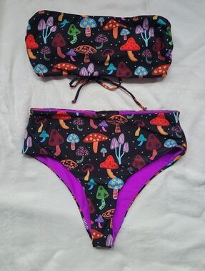 Mushroom Print Fun Bandeau Bikini Lingerie ROMWE, Size Medium